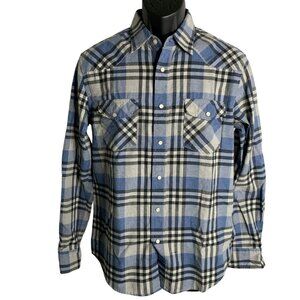 Coastal Western Pearl Snap Shirt M Blue Plaid Flannel Long Sleeve Pockets Collar